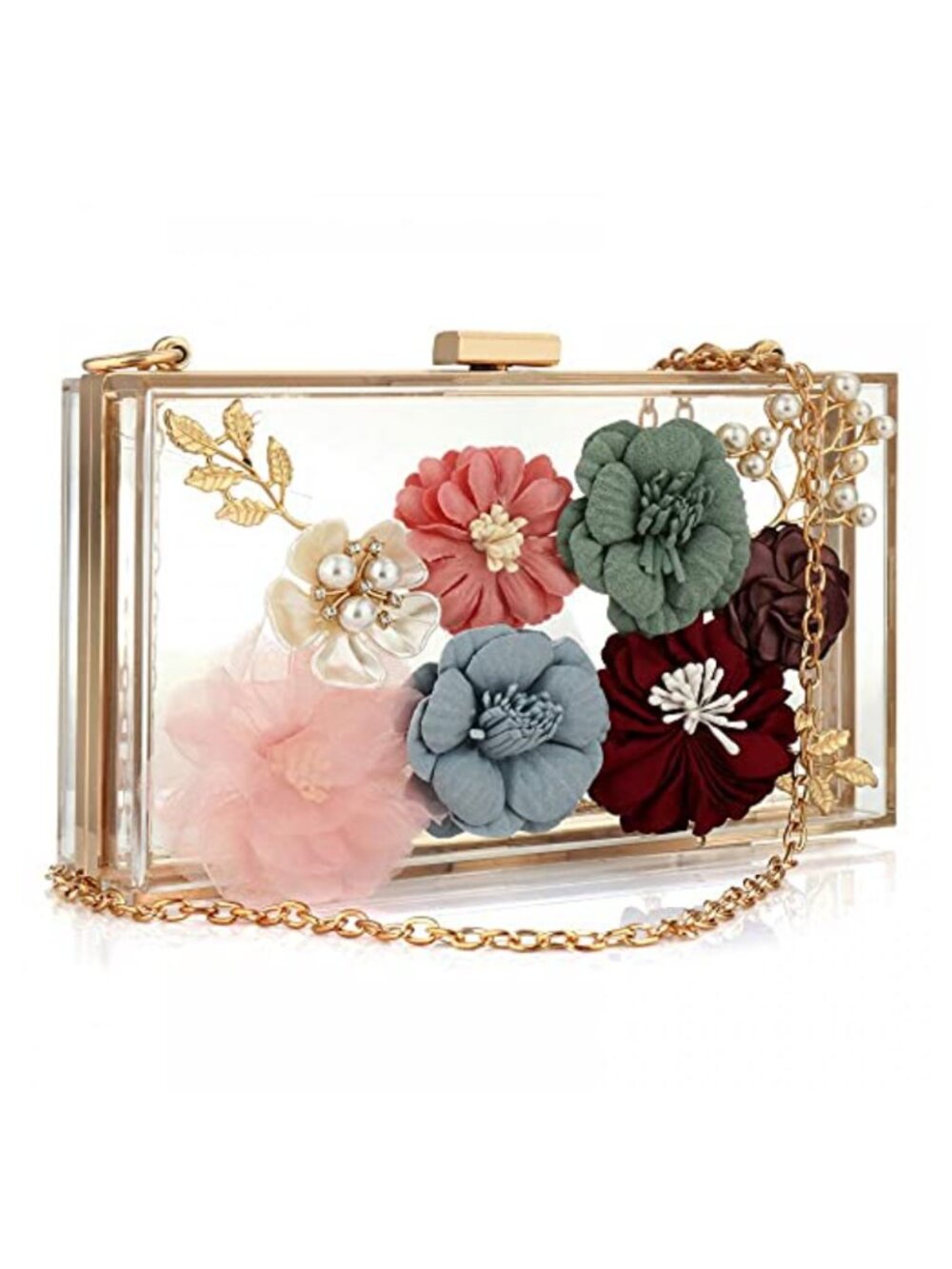 Floral Beaded Clutch Purse Acrylic Crossbody Bag for Wedding Party Prom